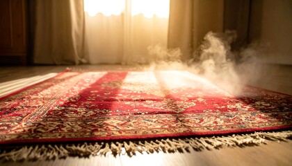 Red prayer rug, sunlight, steam