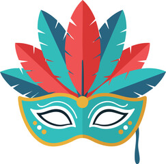 Carnival mask with colorful red and blue feathers and ornamental design vector illustration
