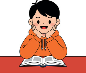 Boy in orange hoodie reading book with happy expression sitting at table vector illustration