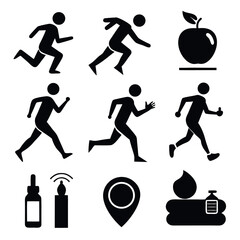 Running, Health & Wellness Black & White Vector Icons Set - Fitness, Nutrition, and Spa Symbols
