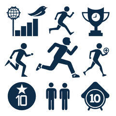 Running and Achievement Vector Icons Set - Sport, Success, Social Media and Progress Symbols