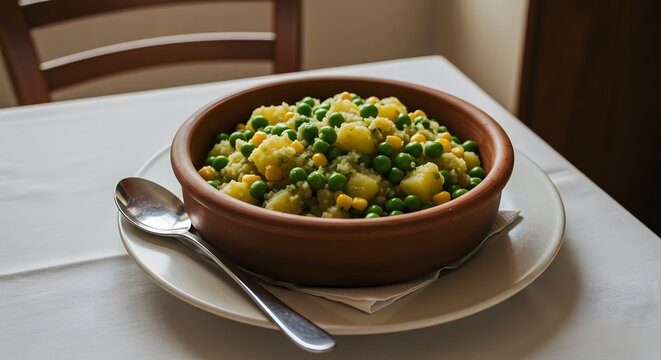 Irio mashed peas potato corn mix on a restaurant table