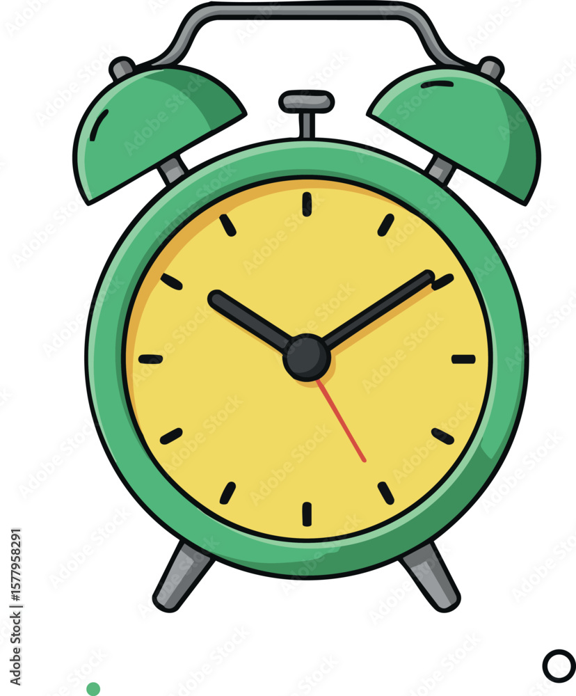 Poster retro green alarm clock with yellow face and black hands in simple vector style for time concept des