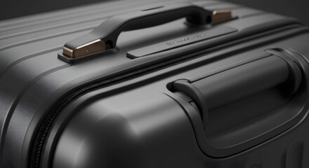 Close up of a black suitcase with a handle and zipper detailing on a dark background surface