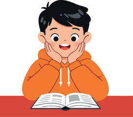 Boy in orange hoodie reading book with excitement and curiosity sitting at red table vector illustration