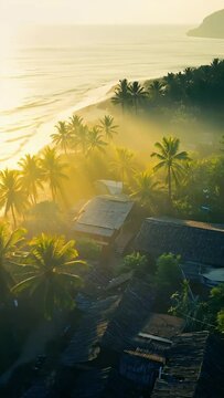 Sun Rays Through Palm Trees Over Tropical Village by the Sea