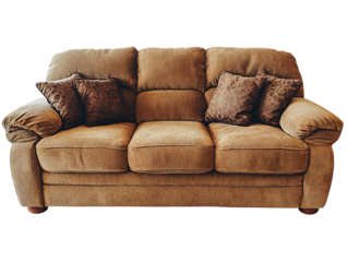 Comfortable three seater sofa with patterned cushions isolated on transparent background