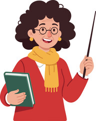 Woman teacher holding book and pointer wearing glasses red sweater and yellow scarf vector illustration