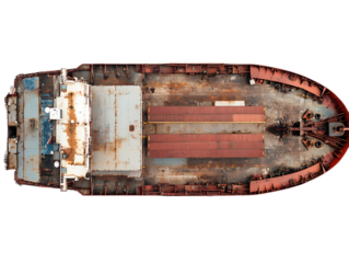 Top down view of a rusty abandoned cargo ship deck isolated on transparent background