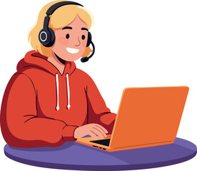 Young person using laptop with headset for online communication in casual red hoodie vector illustration