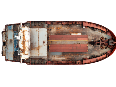 Top down view of a rusty abandoned cargo ship deck isolated on transparent background