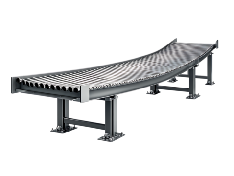 Curved roller conveyor system for industrial material handling isolated on transparent background