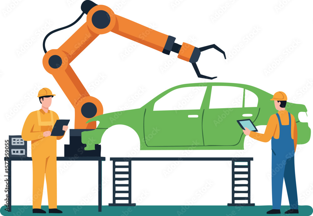 Poster robotic arm assembling green car with factory workers using tablets in modern automotive industry se