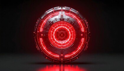 Red-lit, metallic sphere, futuristic design