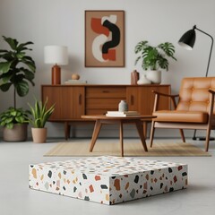 Stylish Terrazzo Display Platform in Mid Century Modern Living Room
