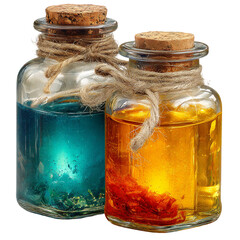 Apothecary bottles with colorful potion and corks tied with string isolated on white background