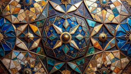 Close-Up of an Ornate Star-Shaped Mosaic Featuring Rich Blue and Gold Tiles with Ancient Details
