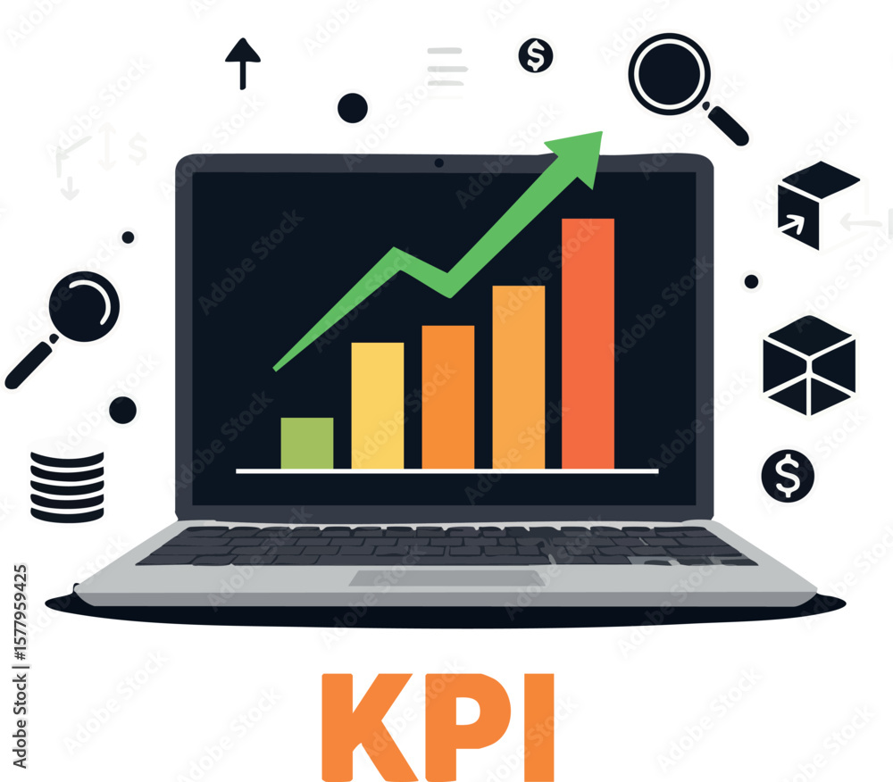 Poster kpi business performance growth chart on laptop screen with data analysis icons vector illustration