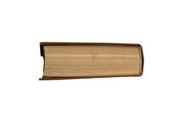 Thick old book with brown cover viewed from the side is isolated.