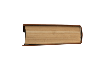 Thick old book with brown cover viewed from the side is isolated.