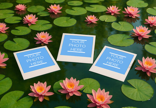 3 Polaroid Photos Mockup Floating In Lily Pond With Frog And Flowers