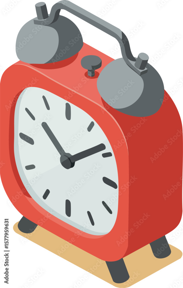 Poster red retro alarm clock with twin bells showing time in isometric vector design illustration
