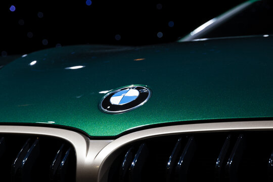 Close-up of BMW logo on BMW M8 Competition Gran Coupe sports car bonnet (2020)