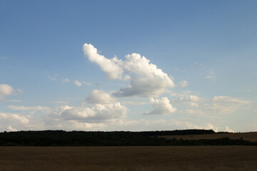 A large field with clouds in the sky