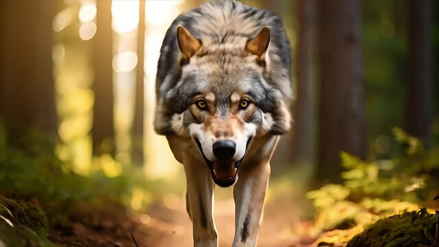 A wolf charging forward with sunlight shining through the trees