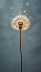 Obraz premium Magical Dandelion Seed Head with Flying Seeds and Sparkles on Grey Textured Background