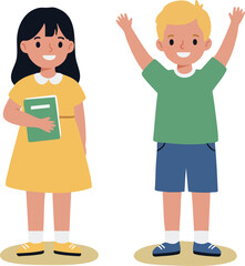 Two cheerful children with book and raised hands in casual clothing vector illustration