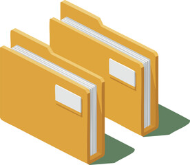 Yellow file folders with white labels casting shadows in isometric style vector illustration for office organization and document management
