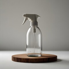 A clear plastic spray bottle with a white trigger sprayer stands upright on a small, round white platform. The bottle is empty, highlighting its transparent material and minimalist design, set against