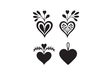 Decorative heart silhouettes with floral designs, perfect for Valentine's Day or general design projects.This image features four black and white decorative heart shapes.
