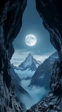 Snowy Mountain Peak Framed by Rocky Cave Under Full Moon
