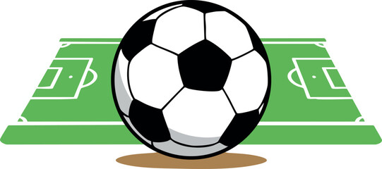 Obraz premium Soccer ball on green football field vector illustration with shadow for sports and game design concepts