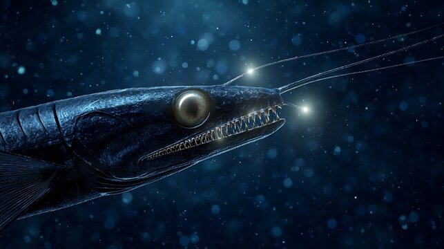 Deep sea dragonfish glowing chin barb and light emitting teeth dark abyssal ocean setting high resolution marine predator concept ideal for science visuals