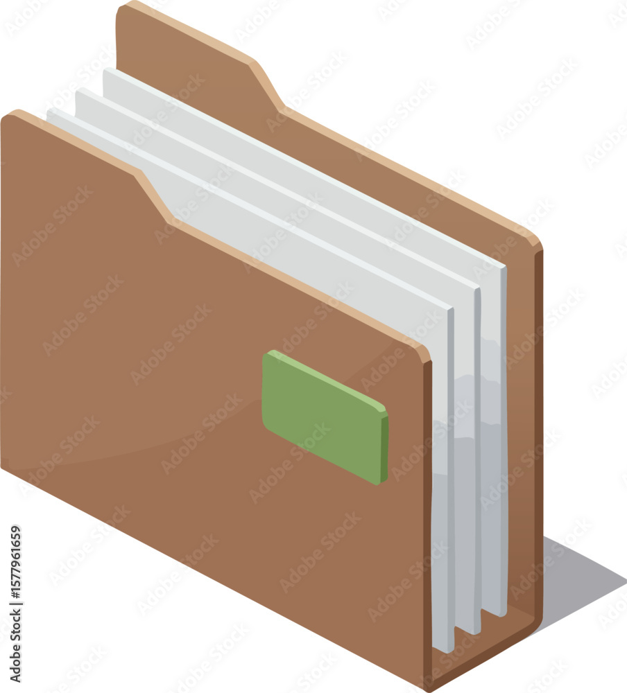 Poster isometric folder with papers and green label icon for document organization and office filing system