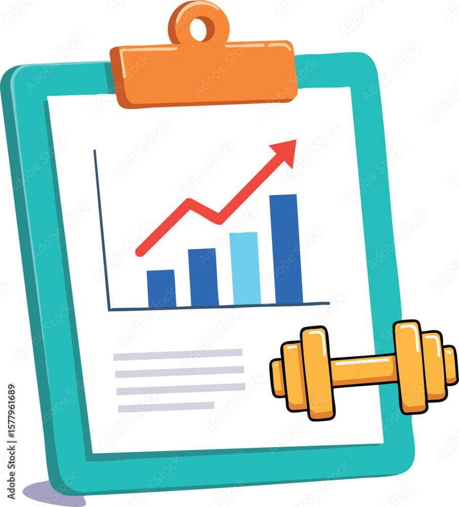 Poster clipboard with rising graph and dumbbell symbolizing fitness progress and health monitoring in vecto