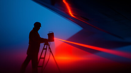 Worker using laser measurement tool on airplane wing