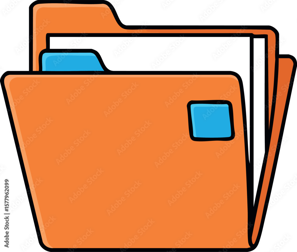 Poster orange folder icon with documents and blue label symbol for file management and organization vector 