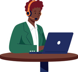 Businessman with headset working on laptop at round table in office environment vector illustration