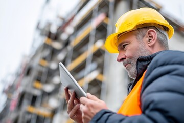 Male engineer wearing yellow hardhat and safety vest using digital tablet at construction site with scaffolding in background