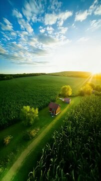 Small Wooden Cabin in Cornfield at Sunset