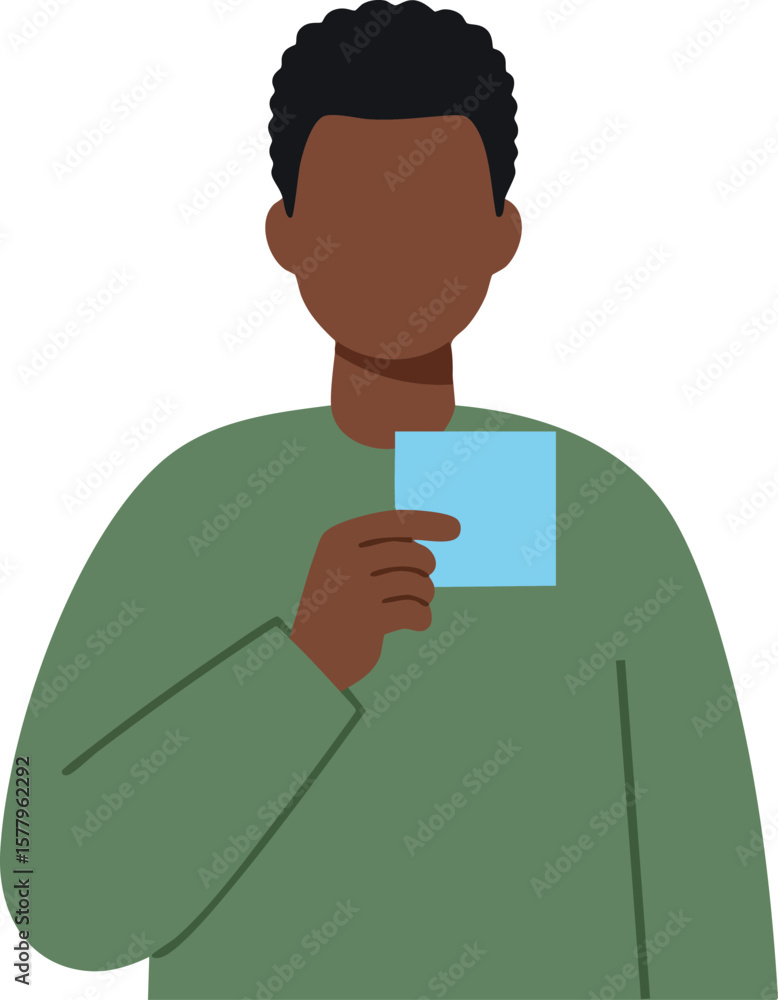 Poster man holding sticky note with blank message in green sweater isolated vector illustration simple desi