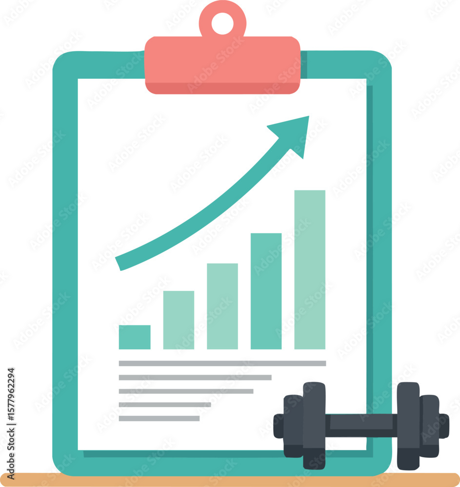 Poster fitness progress chart with bar graph and dumbbell icon illustrating exercise improvement and health