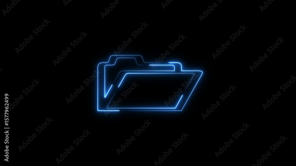 Poster neon glowing mobile device folder icon animated on black background. animation of folder opening and