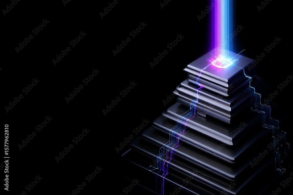 Aufkleber a stack of square processors is illuminated by a beam of blue and purple light, symbolizing advanced