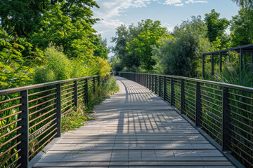 Fototapeta premium Scenic Wooden Boardwalk Path in Lush Green Nature Trail Surrounded by Trees and Vegetation