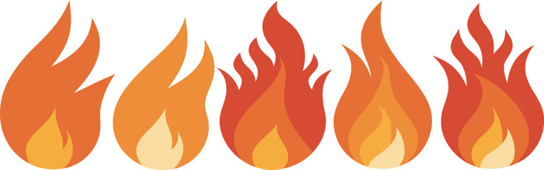 Five stylized flames in warm orange and red colors are isolated on a white background